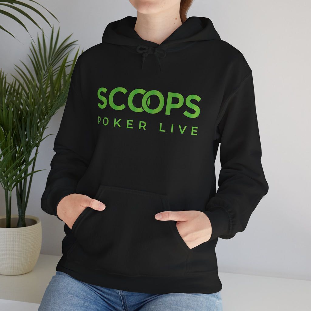 SCOOPS Poker Live Hoodie | Neon Green Logo, Back Wave Design