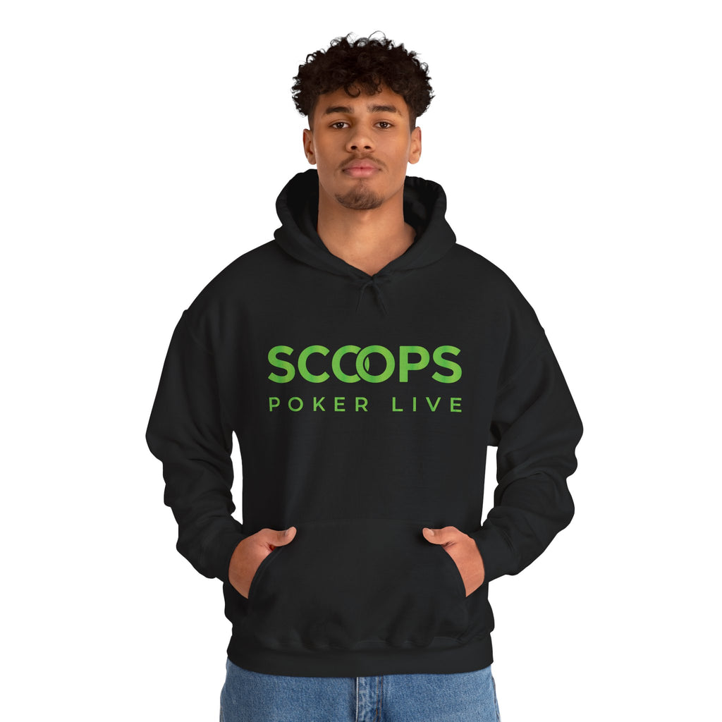 SCOOPS Poker Live Hoodie | Neon Green Logo, Back Wave Design