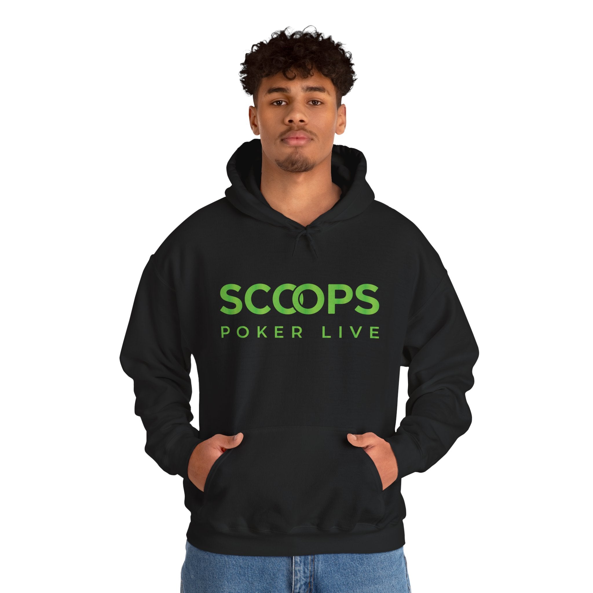 SCOOPS Poker Live Hoodie | Neon Green Logo, Back Wave Design