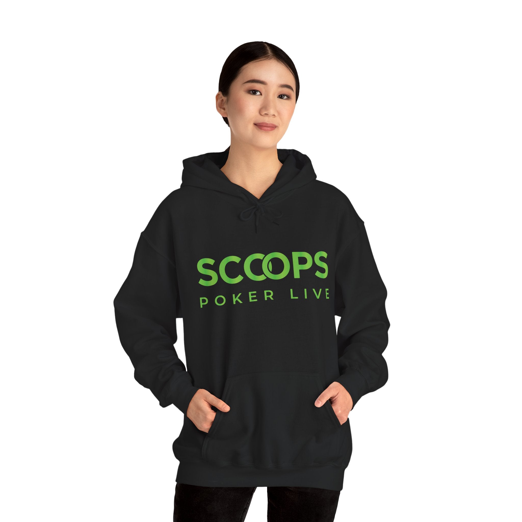 SCOOPS Poker Live Hoodie | Neon Green Logo, Back Wave Design