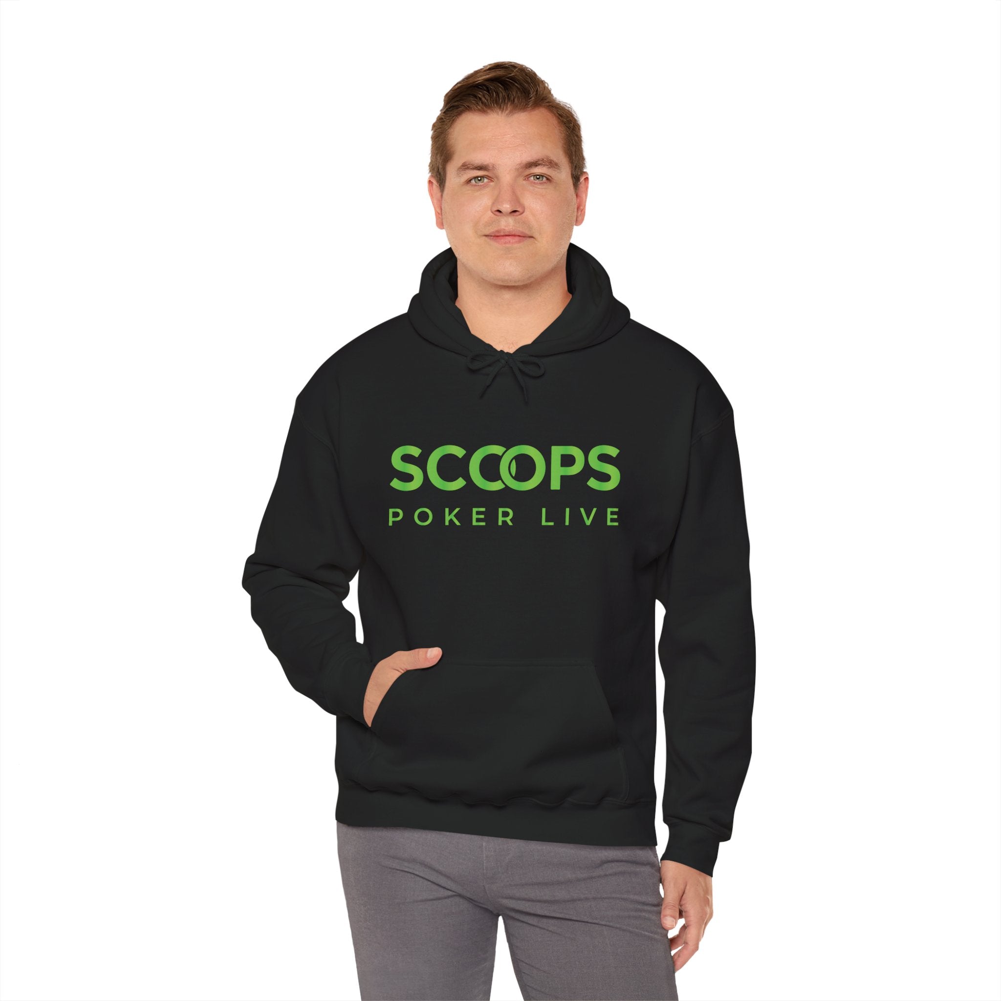 SCOOPS Poker Live Hoodie | Neon Green Logo, Back Wave Design