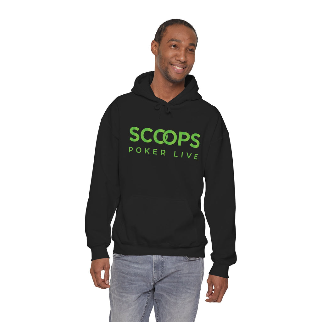 SCOOPS Poker Live Hoodie | Neon Green Logo, Back Wave Design